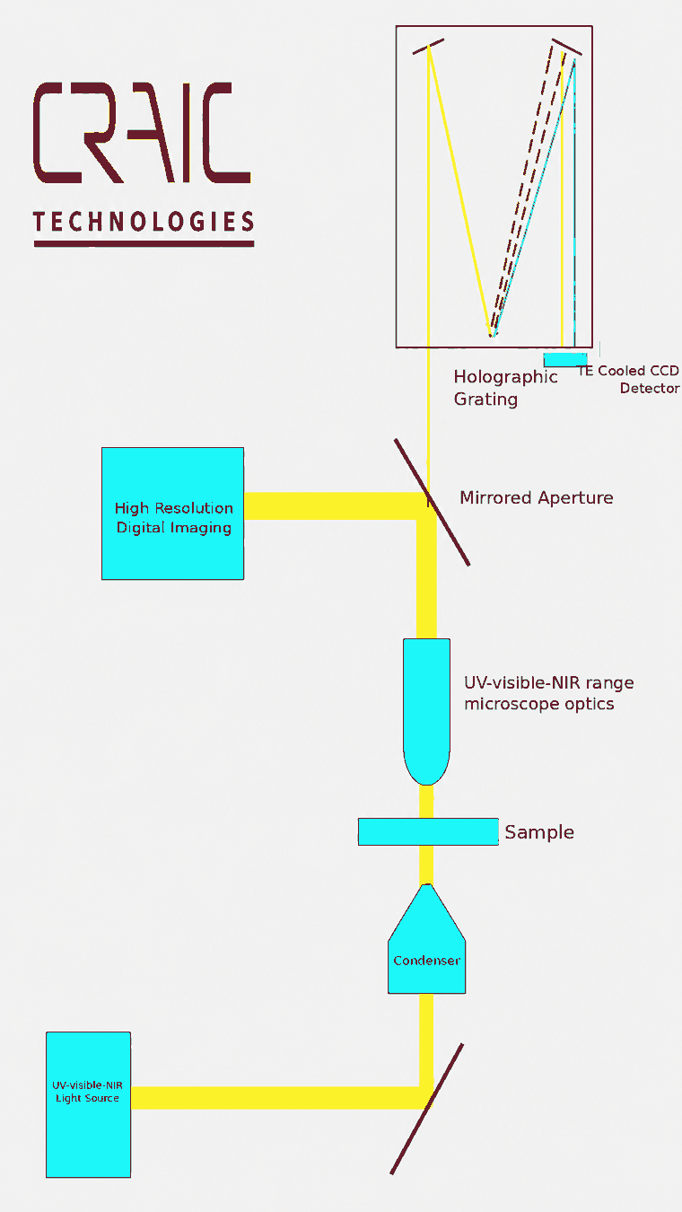 Light is transmitted through the sample, collected by the objective and focused onto the aperture and simulaneously an image and spectrum are collected. Optical path of a CRAIC UV-visible-NIR microspectrophotometer: light source, condenser, sample, microscope optics, mirrored aperture, holographic grating and TE cooled CCD detector